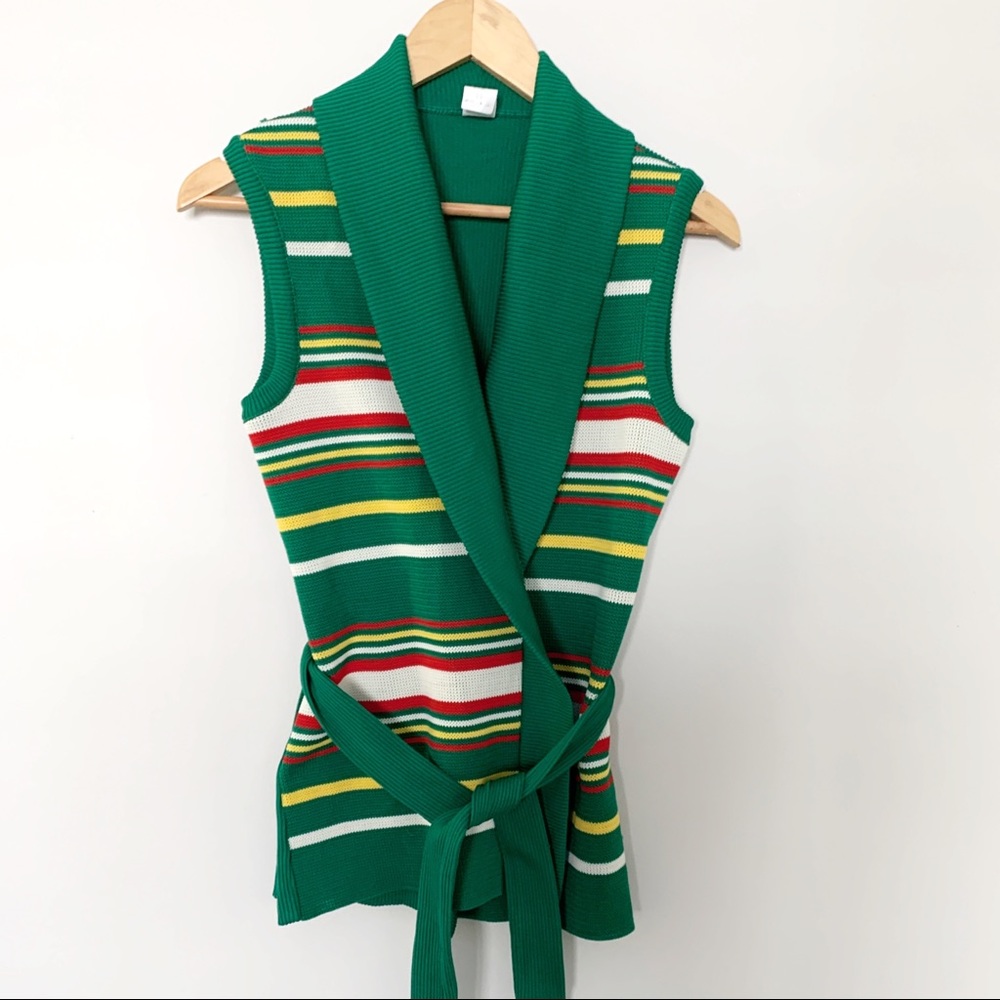 Vintage Green Striped Sleeveless Cardigan